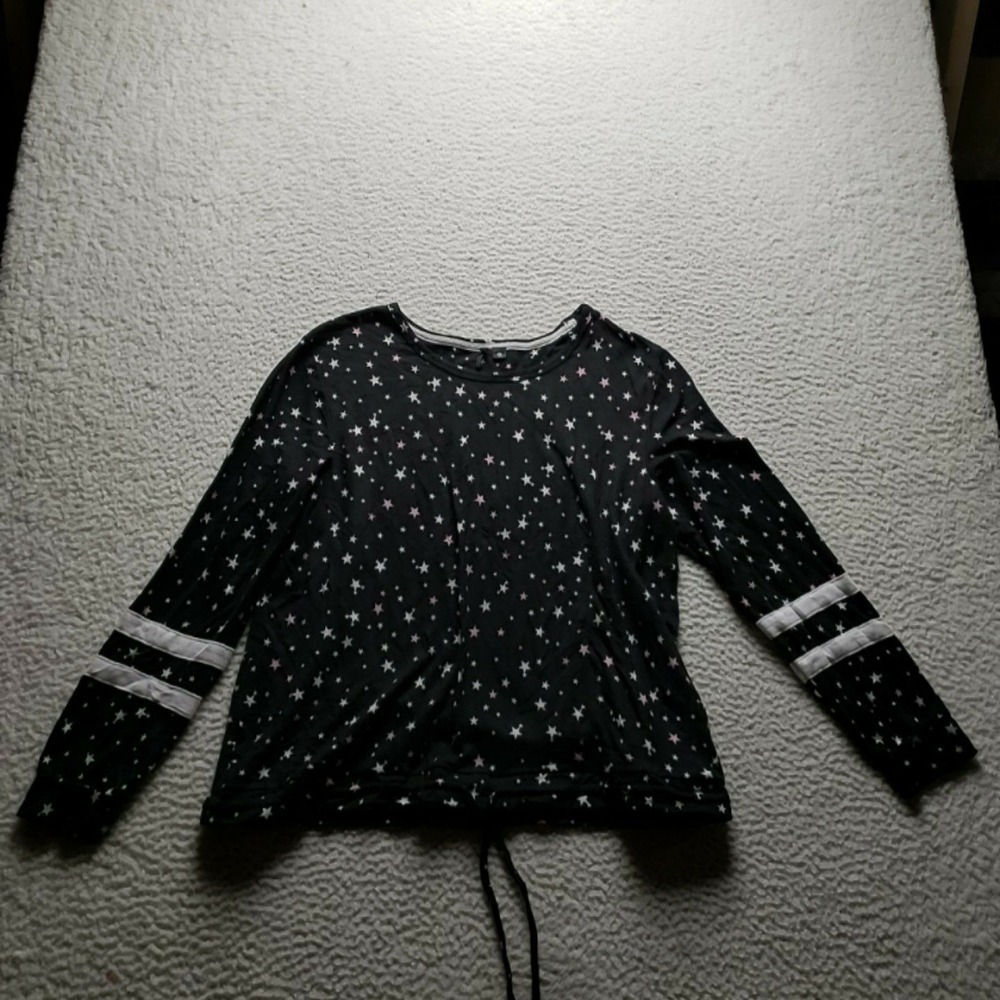 Shirt Womens L Black Crew Neck Long Sleeve Star Drawstring Jersey Top Casual